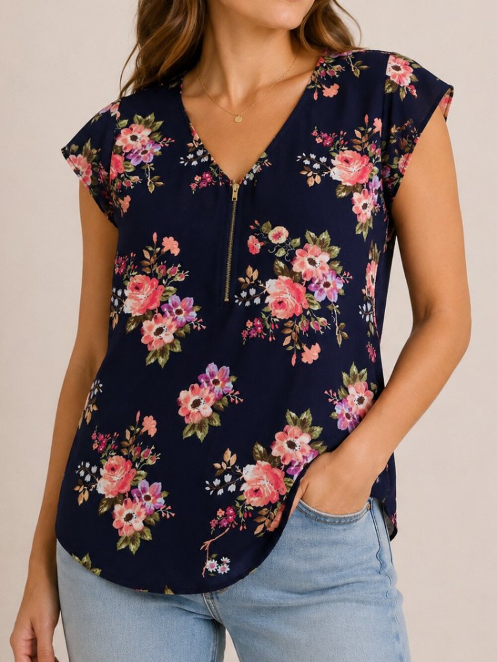 Tovia Navy Floral Zip Front Blouse Top Women's Size 0 Small Chico Pink Blue
